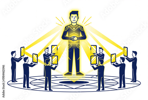 Conceptual illustration of a narcissistic man glowing with golden light while a crowd of people record him with smartphones representing digital narcissism and social media validation.