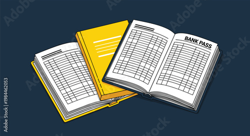 Three bank passbooks in yellow and white spread out on a dark blue background showing detailed table columns for transactions.
