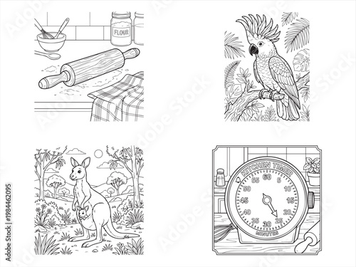 Australian animal icons, coloring book illustrations, vector set of 4