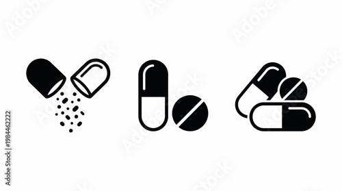 Medicine Pills Capsules Tablet Healthcare Pharmacy Drug Vector Icons Set Black White Style Modern Flat Design Pharmaceutical Treatment Dosage Medical Concept