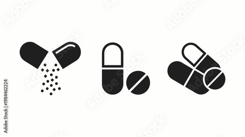Medicine Pills Capsules Tablet Healthcare Pharmacy Drug Vector Icons Set Black White Style Modern Flat Design Pharmaceutical Treatment Dosage Medical Concept