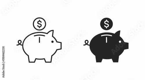Piggy Bank Money Savings Finance Dollar Coin Vector Icons Set Black White Contrast Style Modern Flat Design Financial Management Wealth Budget Economy