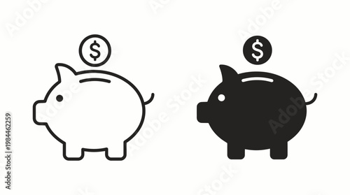 Piggy Bank Money Savings Finance Dollar Coin Vector Icons Set Black White Contrast Style Modern Flat Design Financial Management Wealth Budget Economy