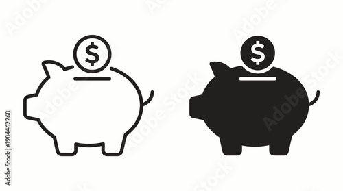 Piggy Bank Money Savings Finance Dollar Coin Vector Icons Set Black White Contrast Style Modern Flat Design Financial Management Wealth Budget Economy