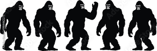 Bigfoot silhouette illustration, Sasquatch creature art, mythical ape figure, cryptid design, fantasy monster icon, mysterious forest legend, paranormal wildlife graphic