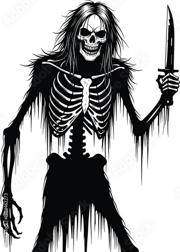 Dark horror skeletal figure, ghostly grim reaper style, decayed bones illustration, knife holding skeleton art, spooky death haunting artwork