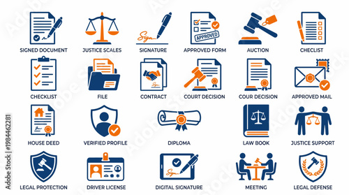 Legal Administration Justice Law Court Contract Protection Diploma License Checklist Mail House Deal Vector Icons Set Modern Flat Design Blue Orange Style