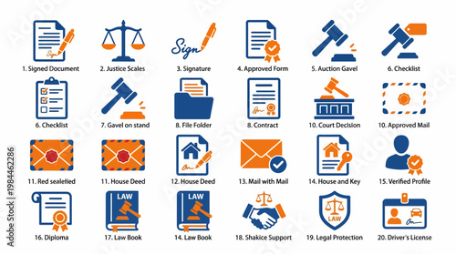 Legal Administration Justice Law Court Contract Protection Diploma License Checklist Mail House Deal Vector Icons Set Modern Flat Design Blue Orange Style