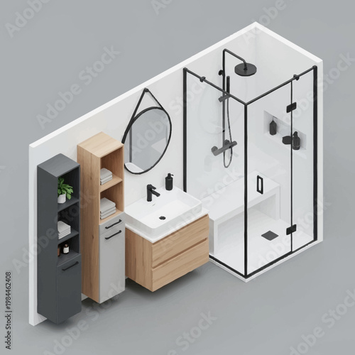 Modern bathroom interior with shower and sink.