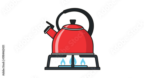 Bright red whistling kettle heating up on a gas stove with blue flames visible underneath for kitchen and home themes.