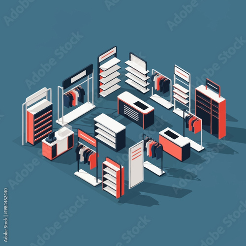Isometric illustration of various office supplies and furniture.