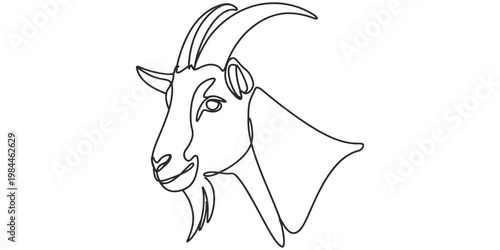Continuous one line drawing of a goat head with horns and beard for farm logo or animal icon.