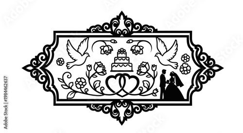Wedding couple silhouette with cake design.