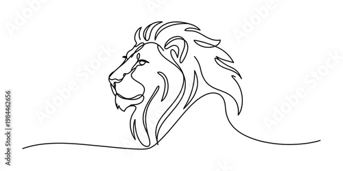 Minimalist continuous line drawing of a majestic lion head profile with a flowing mane