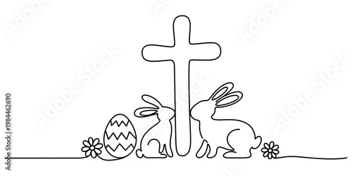 Continuous line drawing of a christian cross with easter bunnies, an egg, and flowers.