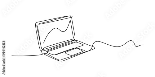Continuous one line drawing of a laptop computer with a wavy line on the screen and background