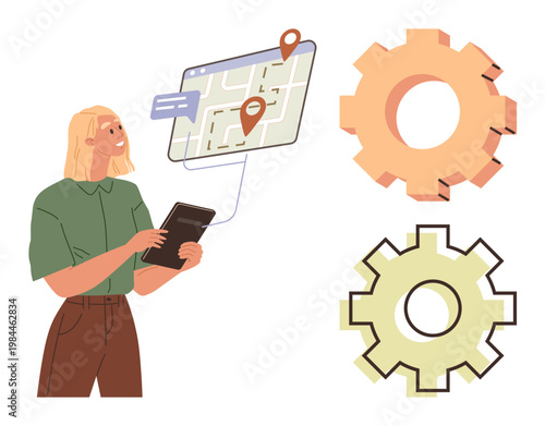 Navigation, workflow, process optimization, logistics management, technology integration, teamwork. Person viewing map with location pins and gears. Navigation and workflow through map and gears