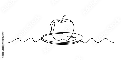 Continuous one line drawing of an apple sitting on a plate with a wavy horizontal line background.