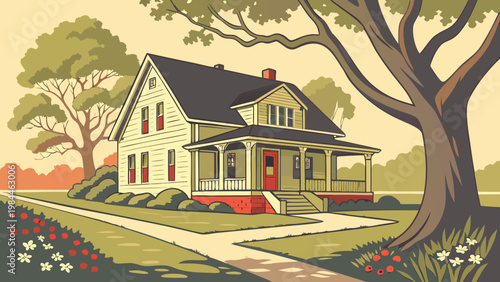 A summer landscape illustration featuring a cartoon cottage and residential building architecture nestled on a nature hill between the forest trees and green grass under a clear blue sky