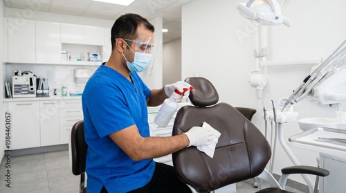 Male dental assistant in blue uniform and face shield disinfecting dental chair with spray and wipe in clinic. Hygiene, safety, sterilization, and healthcare sanitation concept.