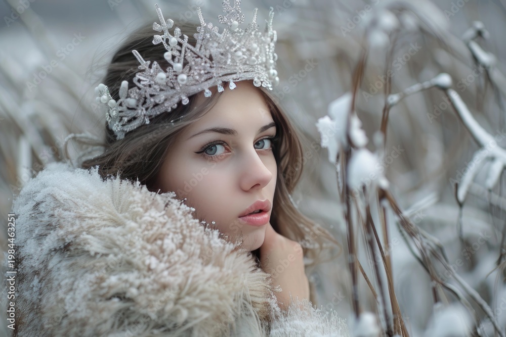 Fototapeta premium Snow queen wearing silver crown and fur coat posing in snowy forest during winter