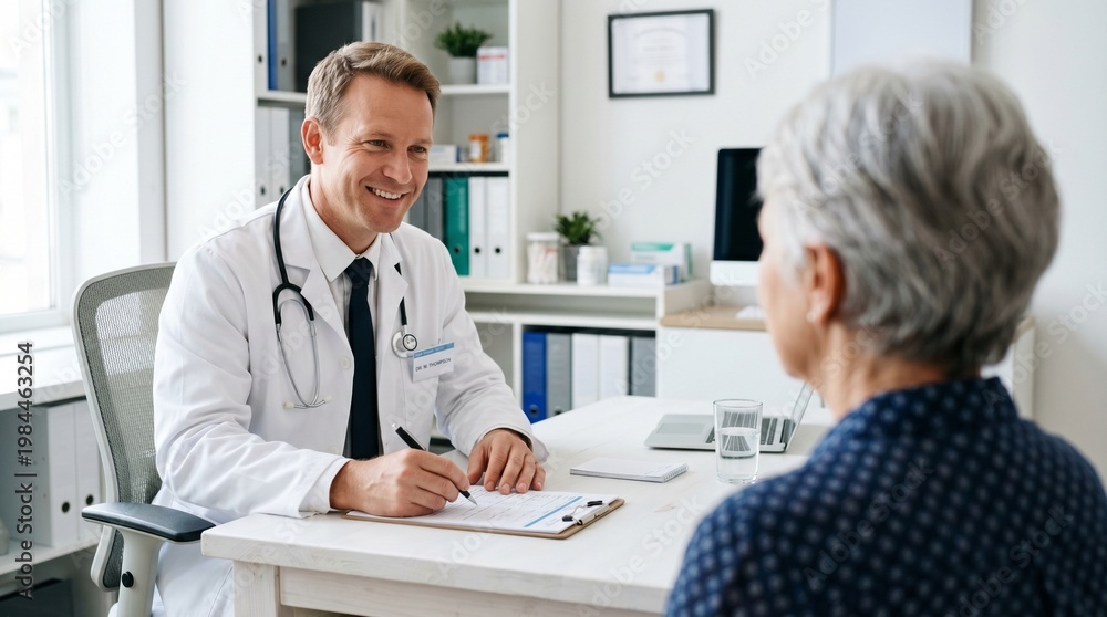 Fototapeta premium Smiling Professional Doctor Consulting Senior Woman in Medical Office. Healthcare Practitioner Discussing Treatment Plan with Elderly Patient. Trust and Care in Geriatric Medicine.