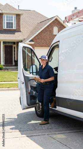 A female pest control technician in uniform steps out of a white service van with a clipboard. Professional arrival at a residential home. Ideal for home maintenance and pest control services.