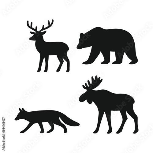 Wild Forest Animals Silhouette Set – Deer, Bear, Fox, and Moose Vector Illustration

