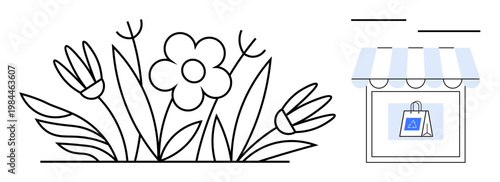 Online shopping, e-commerce, retail business, nature, sustainability, eco-friendly concepts. Minimalist line art showing flowers and a storefront. Online shopping and e-commerce