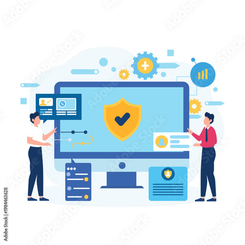 Cybersecurity vector illustration with characters. Data protection, access control, privacy, and personal data protection. Modern flat style for web banners, infographics, and main images.