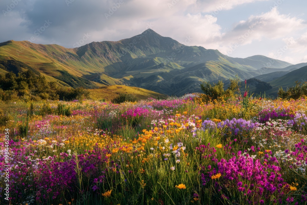 Fototapeta premium Colorful wildflowers field with mountains in background