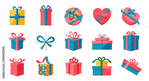 Set of unique gift box shapes with ribbon decoration in flat color style. No gradient, clean and modern vector suitable for UI, branding, and celebration themes.