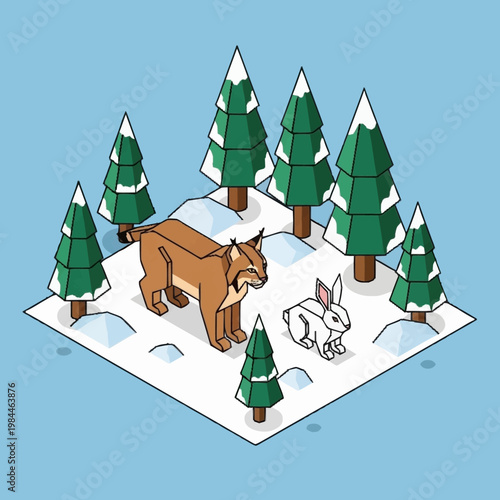 A cartoon wolverine and rabbit in snowy forest with pine trees.