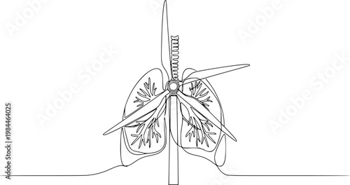 One Line Art of Wind Turbine Lungs - Clean Air and Renewable Energy Concept