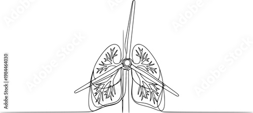 One Line Art of Wind Turbine Lungs - Clean Air and Renewable Energy Concept
