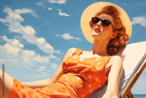 Woman wearing a straw hat and sundress relaxing in a beach chair on a sunny day