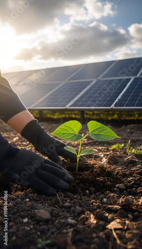 A person planting a green sapling in the earth near a solar panel array