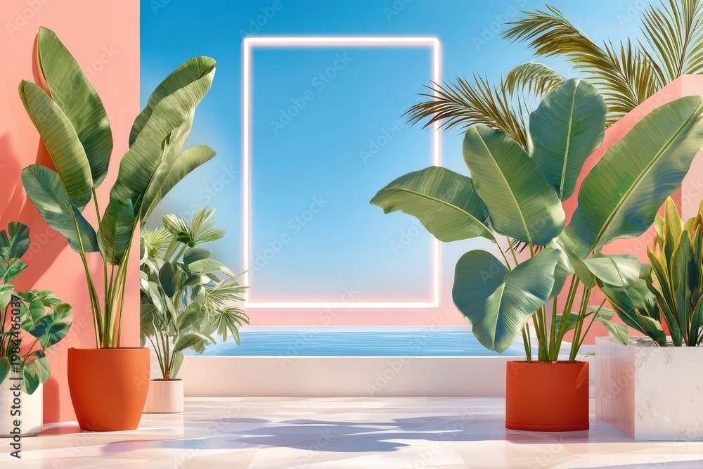 Obraz premium Neon frame glowing over a pastel tropical terrace with potted plants and ocean view