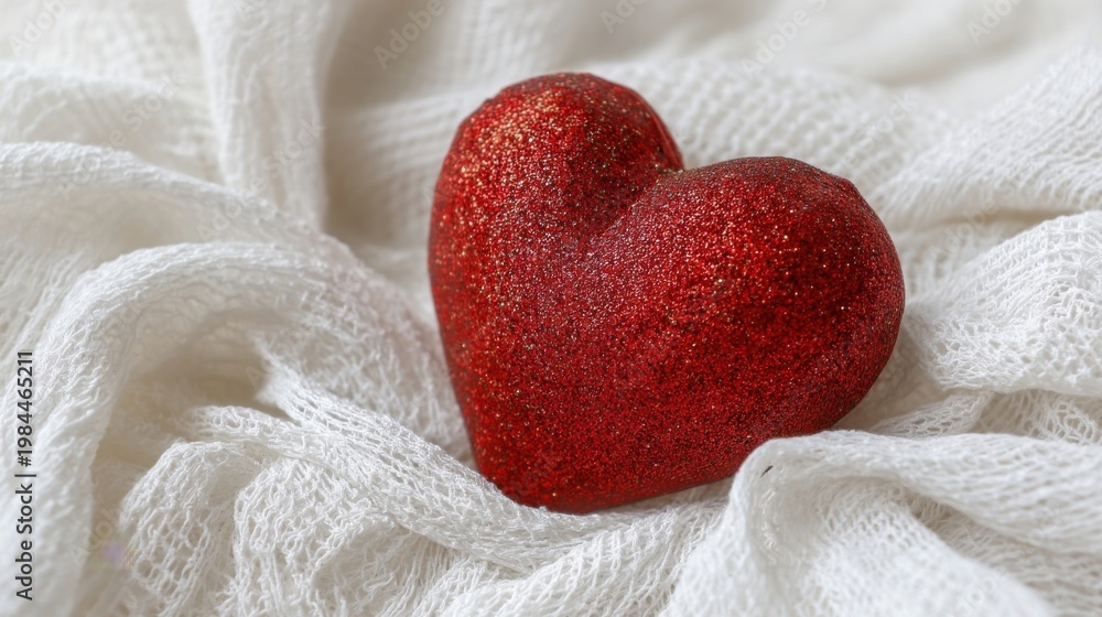 Fototapeta premium A shiny red heart covered in golden dust rests on delicate white fabric with a soft blurred background.