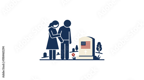 Mourning Couple at Grave with American Flag