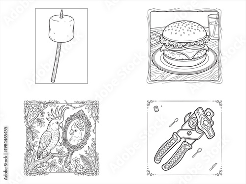 Vector food icons, marshmallow, hamburger, floral pattern, garden shears, line art illustrations set