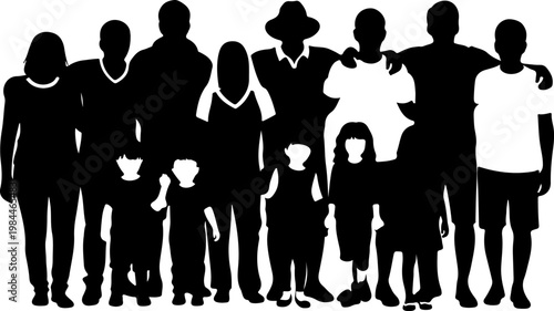 Large family group silhouette standing together in diverse formation.