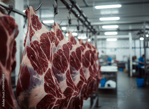 Raw meat carcasses hanging in a modern meat processing factory with workers in the background