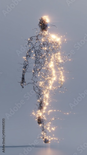 A luminous human outline filled with radiant, golden neural patterns against a dark background