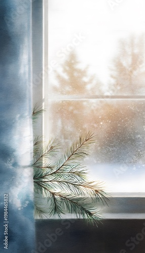 Tranquil winter window watercolor scene evokes cozy calm peaceful snowy forest atmosphere