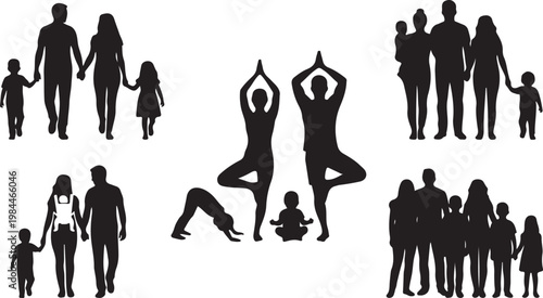 Silhouettes of diverse people in various poses and activities against a white background