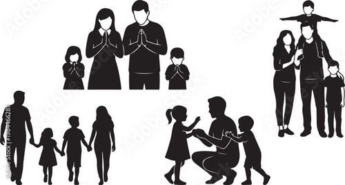 Black silhouette family group holding hands standing together with children and baby black silhouettes