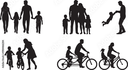 Silhouettes of people walking and cycling in black and white bicycle