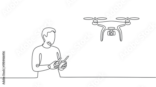 Man operating drone with remote control aerial photography concept simple line art illustration