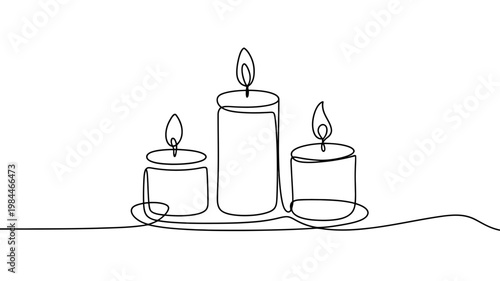 Three lit candles of varying sizes on a plate simple line art illustration for ambiance